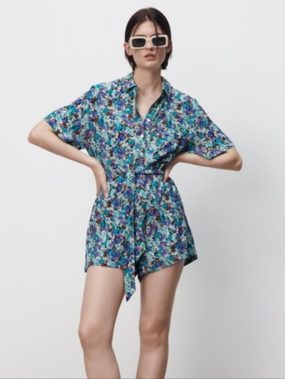 ZARA Blue Floral Print Romper Jumpsuit Collared Bloggers Fav Womens Size XL